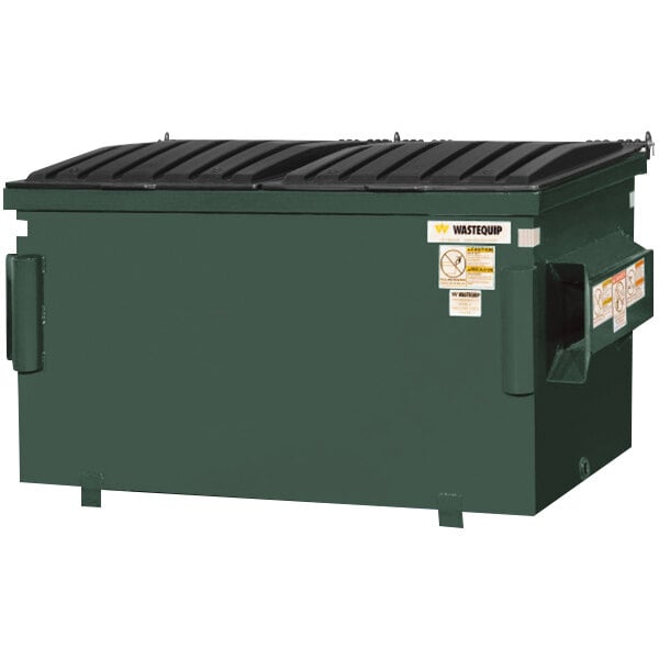 A green Wastequip steel front end loading dumpster with a black lid.