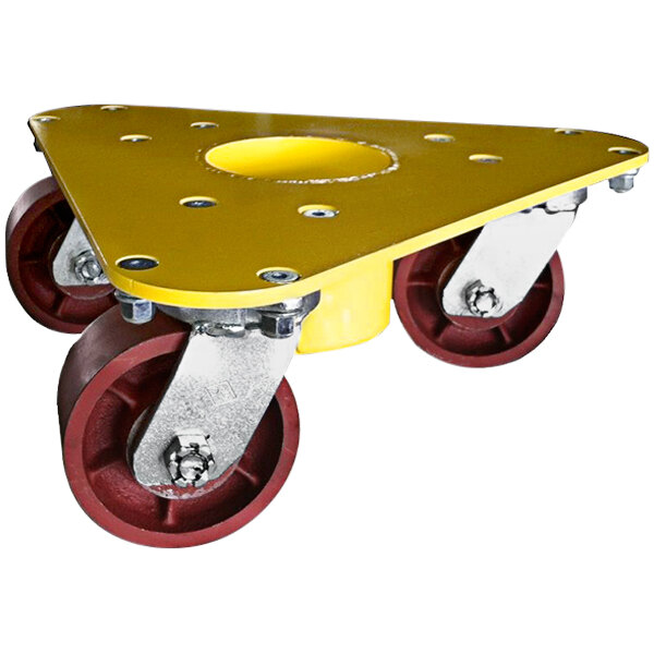 A yellow and red Bond triangular cup dolly with wheels.