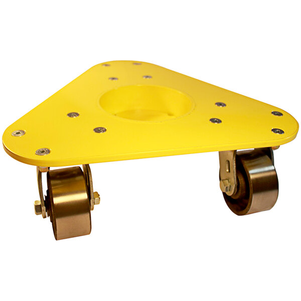 A yellow triangular steel dolly with metal casters.
