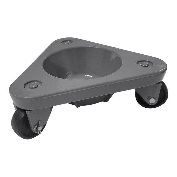 A grey metal triangular cup dolly with black rubber wheels.