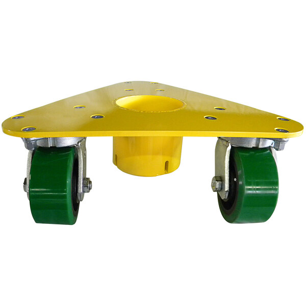 A yellow metal triangular cup dolly with black wheels.
