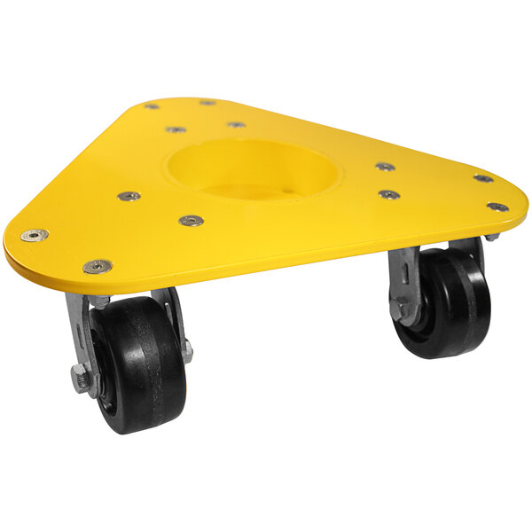 A yellow steel triangular cup dolly with black wheels.
