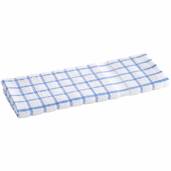 A white towel with blue windowpane checks.