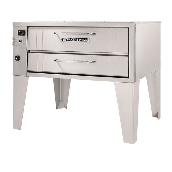 A silver stainless steel Bakers Pride pizza deck oven with legs.