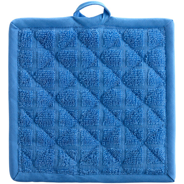 A blue square Oxford pot holder with a handle.