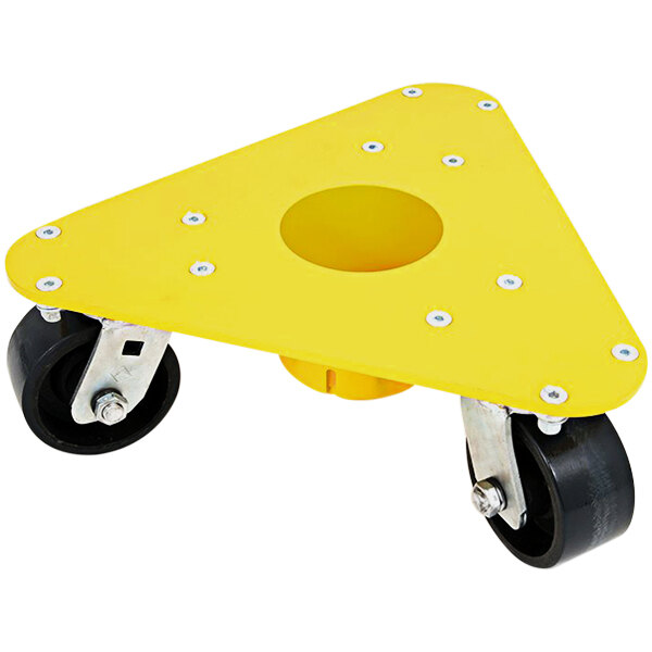 A yellow triangular dolly with black wheels.