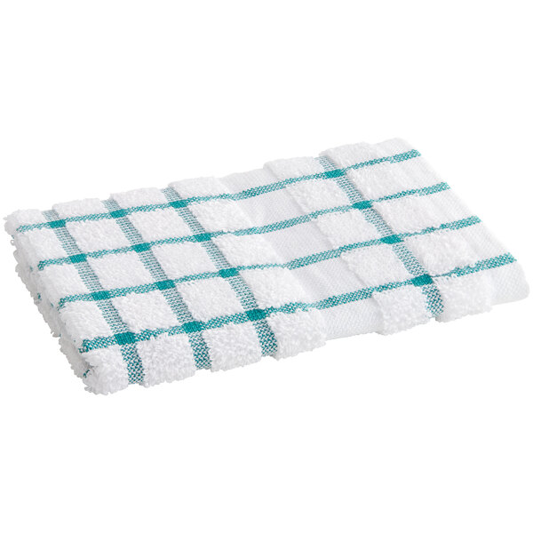 A white and hunter green plaid towel.