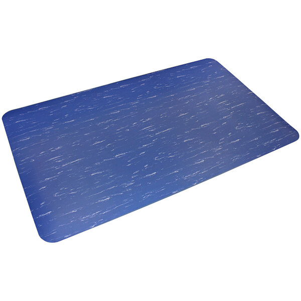 A blue rectangular anti-fatigue mat with a speckled white pattern.