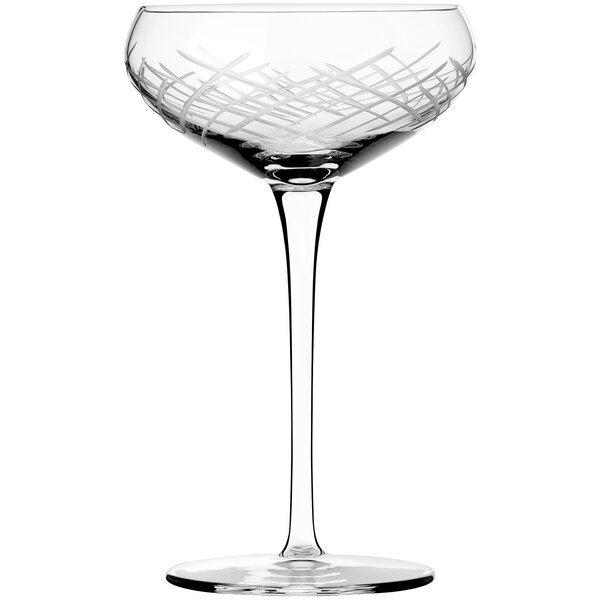 A clear Libbey Reserve wine coupe with a crosshatch pattern.