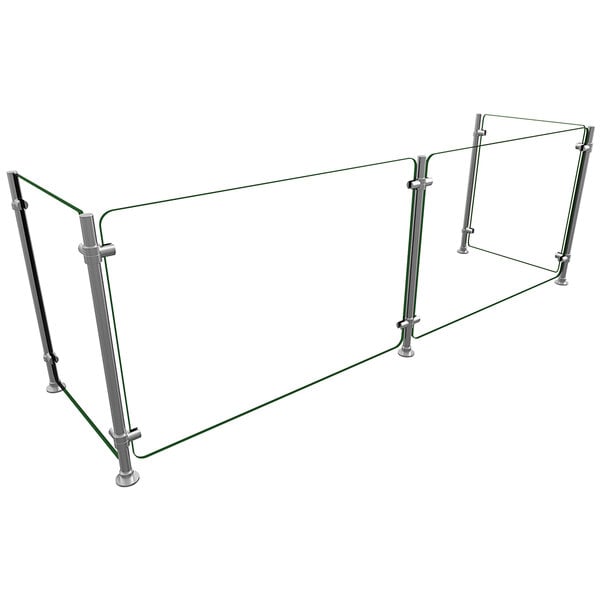 A metal railing with glass sneeze guard panels.