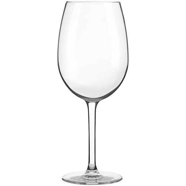 A close-up of a clear Reserve by Libbey wine glass with a long stem.