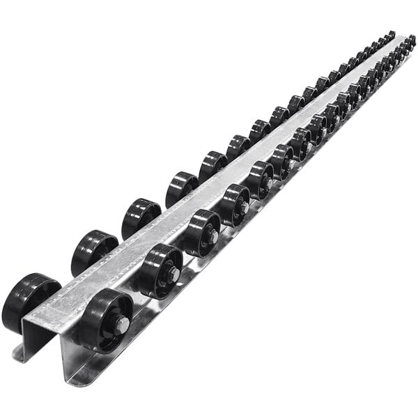 A Lavex galvanized steel conveyor flow rail with paired plastic skate wheels.