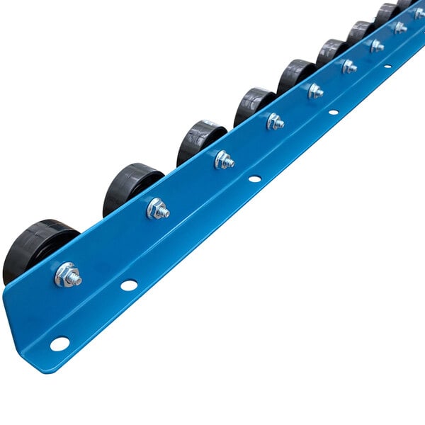 A blue and black Lavex conveyor flow rail with wheels on a blue metal strip.