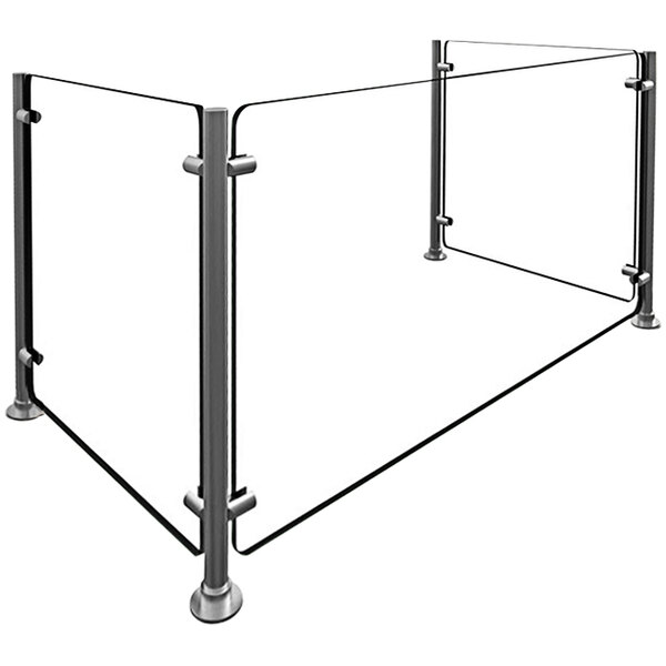 A glass sneeze guard with black metal bars over a table.