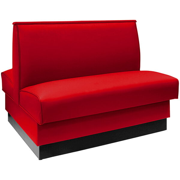 A light red fully upholstered double booth with a black base.