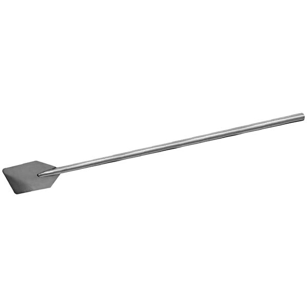 A long thin metal paddle with a metal shovel on the end.