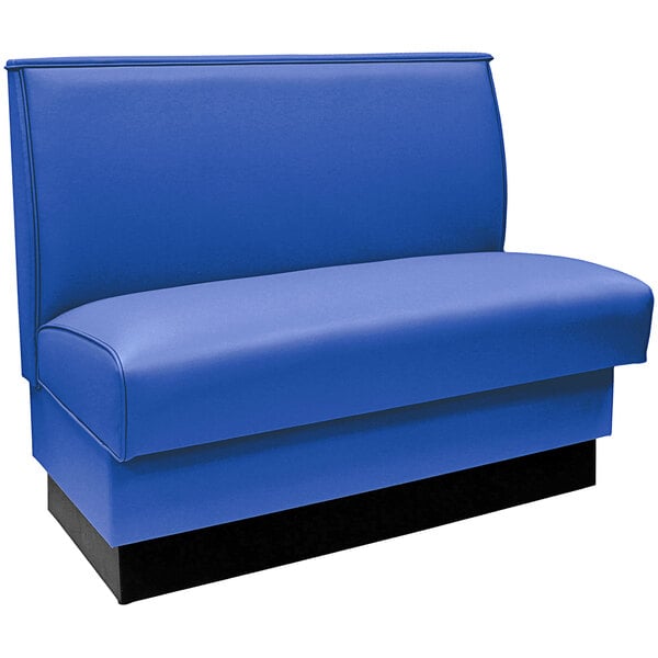 An American Tables & Seating blue booth with a black base and seat.