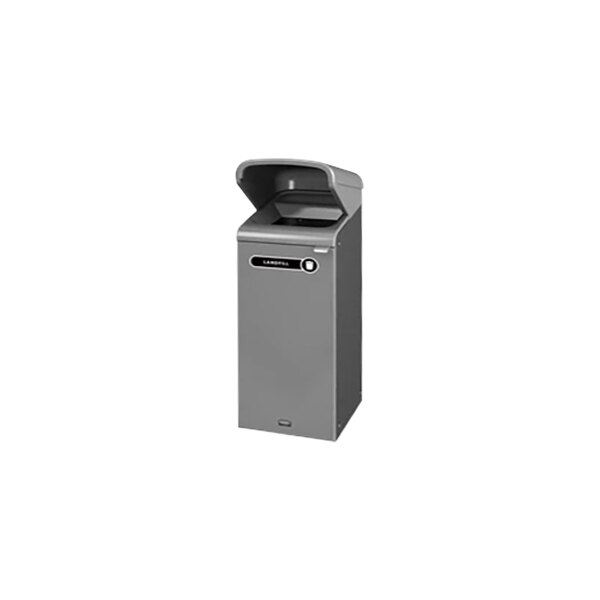 A grey rectangular Rubbermaid Stenni trash can with open lid.