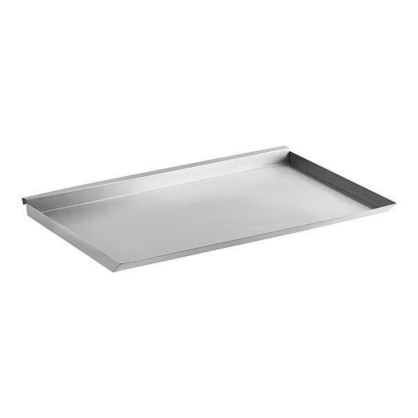 A silver rectangular metal tray with a metal border and a handle.