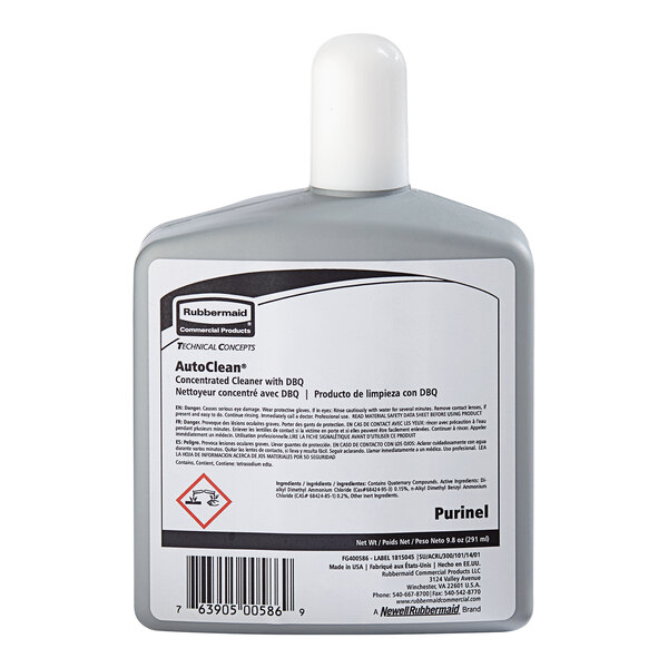 A white bottle of Rubbermaid AutoClean Purinel Drain Maintainer and Cleaner Solution.