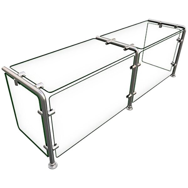 A Hatco Flav-R-Shield pass-over sneeze guard with metal rods and glass shelves.
