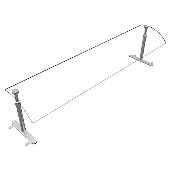 A Hatco Flav-R-Shield portable curved acrylic sneeze guard on a metal railing over a counter.