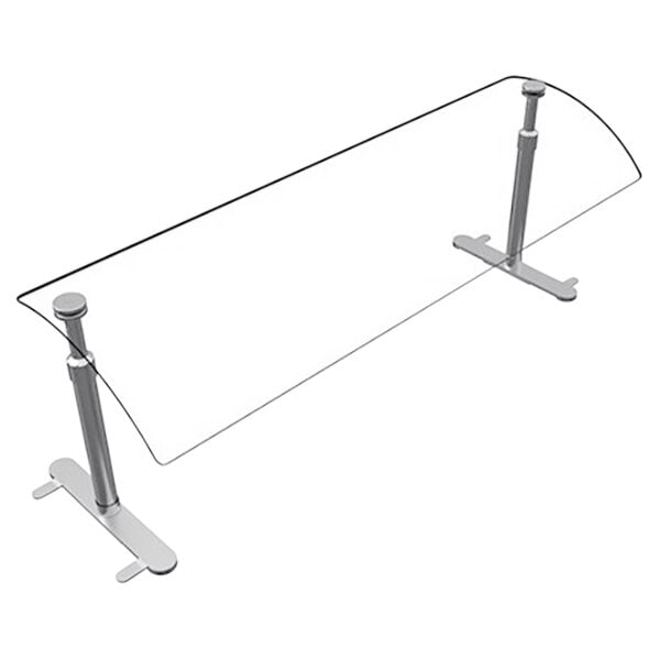 A Hatco portable curved acrylic sneeze guard on a clear glass table with silver legs.