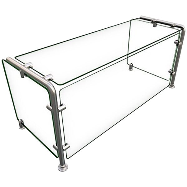 A glass shelf with metal rods on a Hatco Flav-R-Shield pass-over sneeze guard.