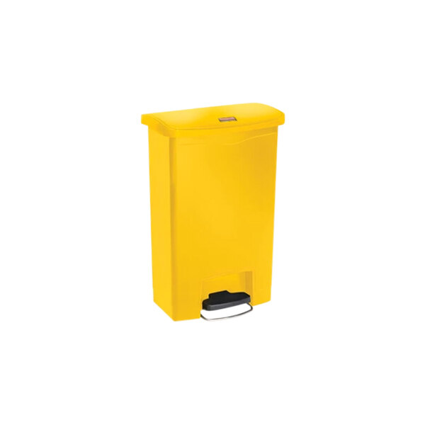A yellow Rubbermaid step-on trash can with a black lid.