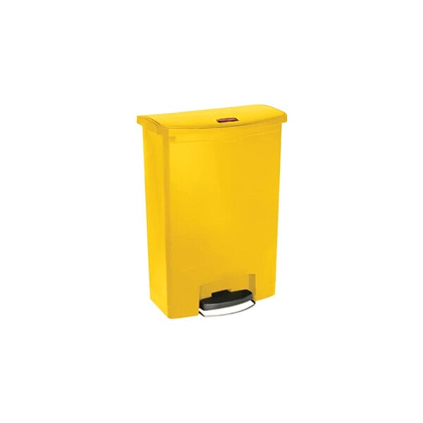 A yellow Rubbermaid Slim Jim step-on trash can with a black lid.