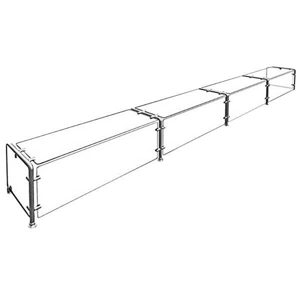 A long rectangular metal sneeze guard with glass shelves.