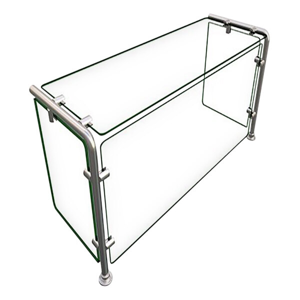 A Hatco Flav-R-Shield pass-over sneeze guard with metal poles and glass shelves.