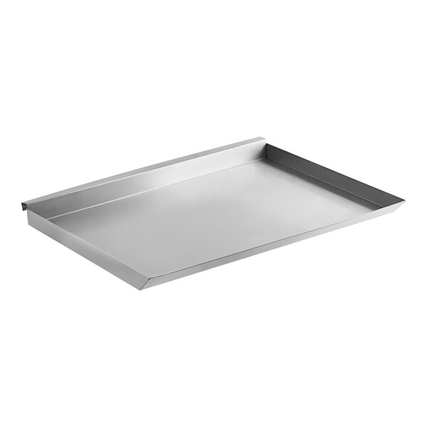 A silver stainless steel rectangular tray with a handle.