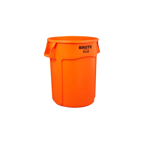 A Rubbermaid orange plastic trash can with a 32 gallon capacity.