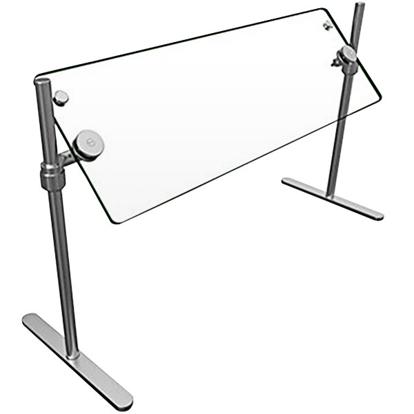 A glass table with a Hatco Flav-R-Shield sneeze guard on metal legs.