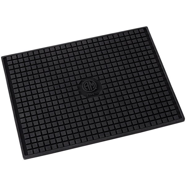 An American Metalcraft black rectangular silicone trivet with a grid pattern.