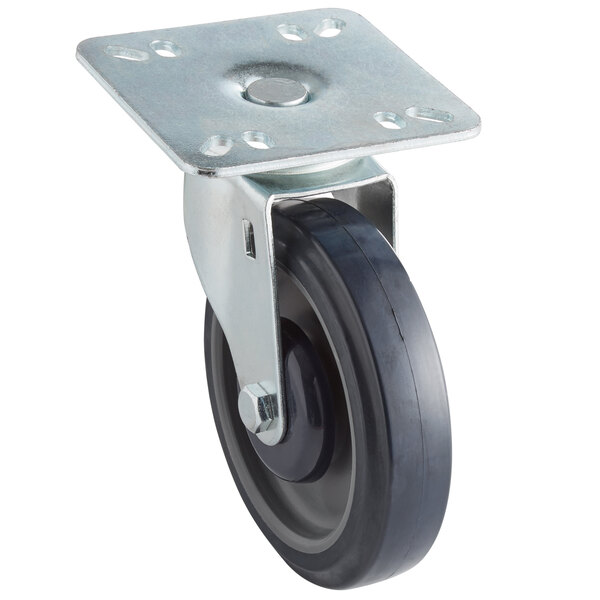 A metal castor wheel with a black rubber tire on a metal plate.