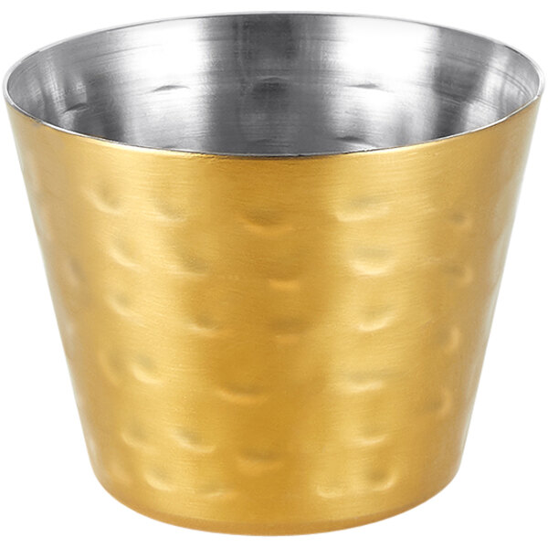 An American Metalcraft hammered stainless steel sauce cup with gold and silver finishes.