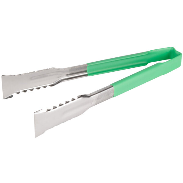 Two Vollrath stainless steel tongs with green Kool Touch handles.