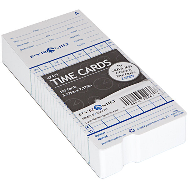A white box with black and blue text containing Pyramid Time Cards.