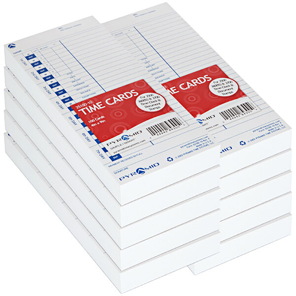 A stack of white Pyramid Time Cards with red labels.