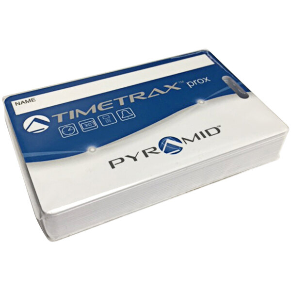 A package of Pyramid Time Trax Proximity Badges with white and blue cards.
