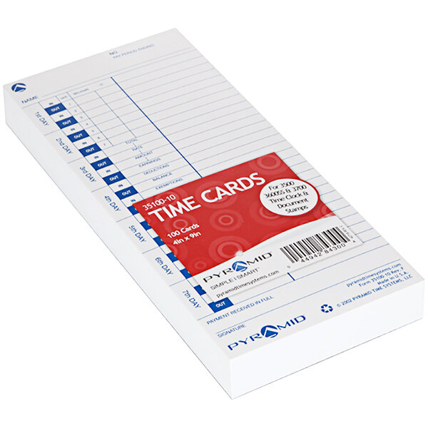 A white time card with red labels for Pyramid Time Clocks.