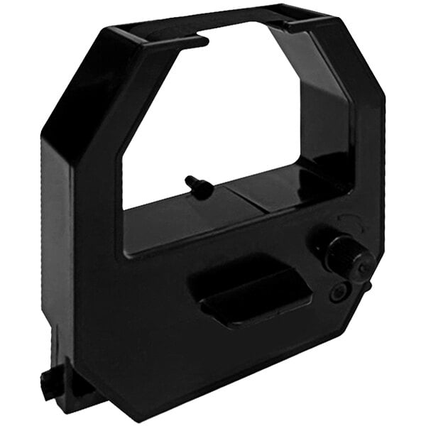 A black plastic Pyramid Time Systems ribbon reel with a hole.
