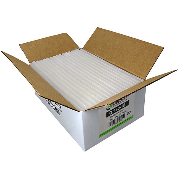 A white box with white tubes of Surebonder high temp sprayable glue sticks inside.