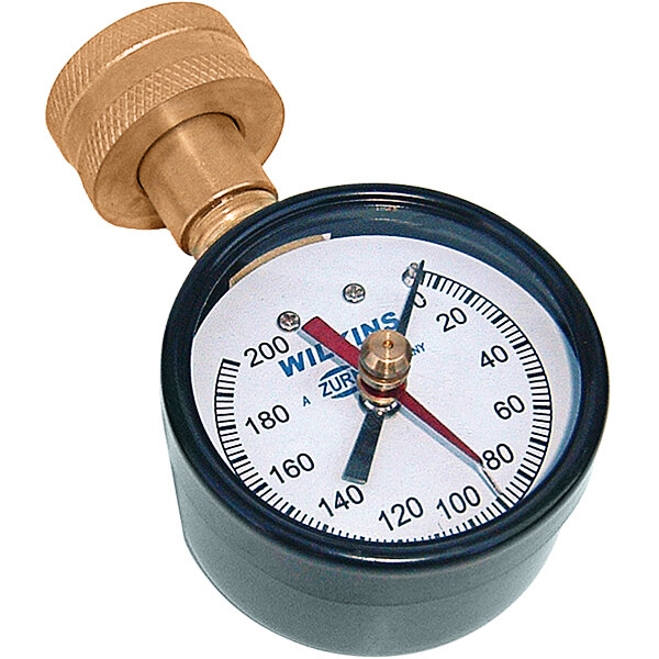 A Zurn pressure gauge for a hose bibb with a gold handle.