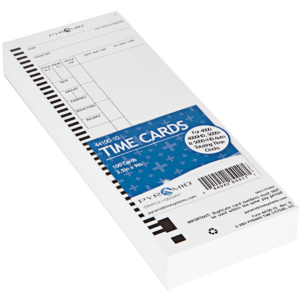 A white rectangular Pyramid Time Systems time card with blue and black text.
