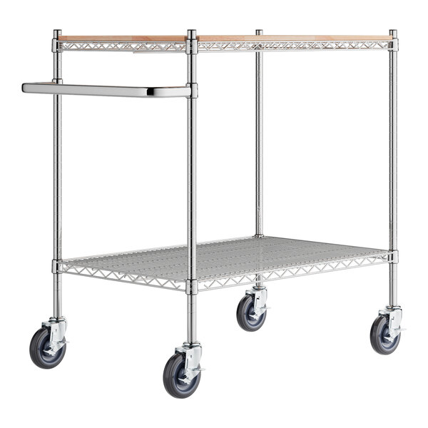 Regency 24" x 36" Two Shelf Chrome Utility Cart with U-Shaped Handle and Wooden Shelf Insert