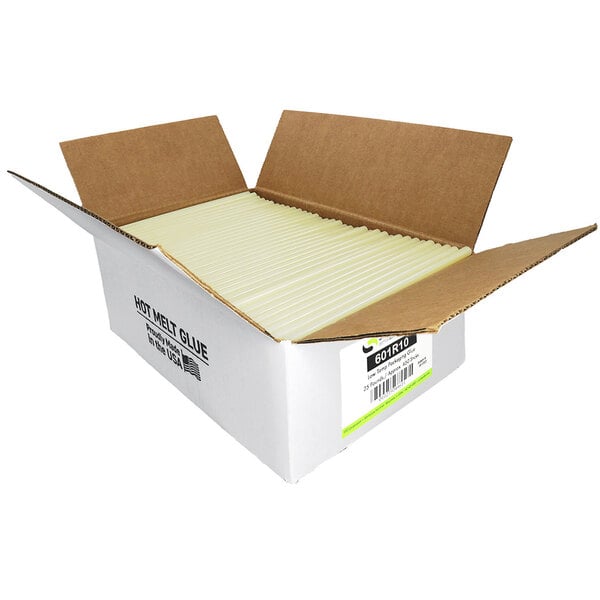 A tan box with a white label for Surebonder 601R10 glue sticks.