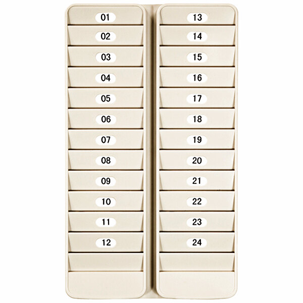 A white and tan 24-pocket badge rack with numbers on it.